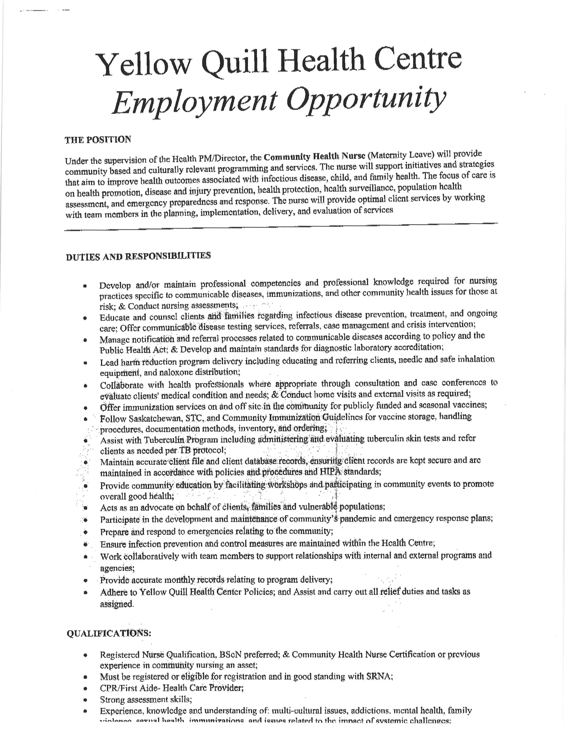 Job Posting Porcupine Plain