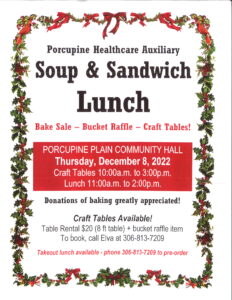 Soup & Sandwich Lunch and Craft Show @ Porcupine Plain Community Hall