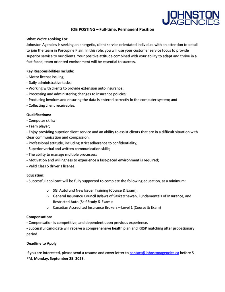 Job Posting Porcupine Plain